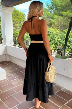 Black Halterneck Straw Belt Tiered Midi Dress