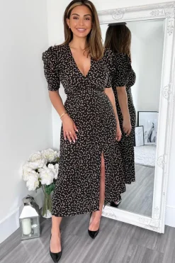 Black Heart Printed Pleated Sleeve Midi Dress