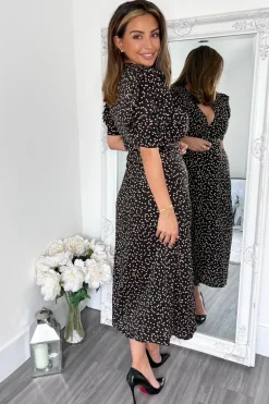 Black Heart Printed Pleated Sleeve Midi Dress