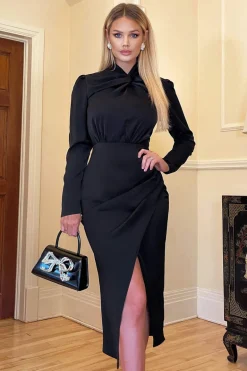 Black High Knot Neck Wrap Midi Dress