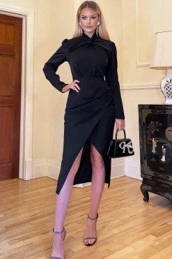 Black High Knot Neck Wrap Midi Dress