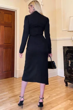 Black High Knot Neck Wrap Midi Dress