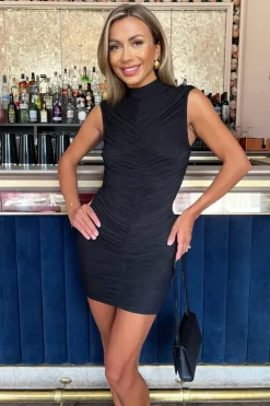 Black High Neck Bodycon Ruched Mesh Mini Dress