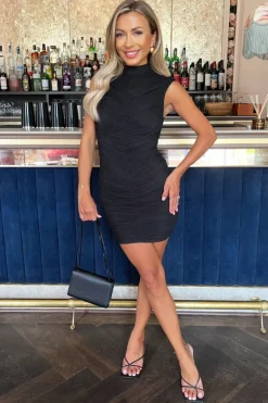 Black High Neck Bodycon Ruched Mesh Mini Dress