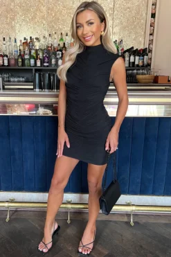 Black High Neck Bodycon Ruched Mesh Mini Dress