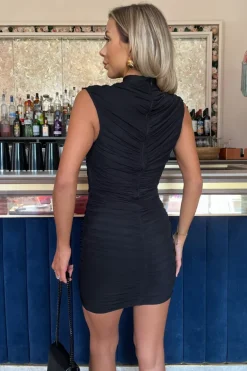 Black High Neck Bodycon Ruched Mesh Mini Dress