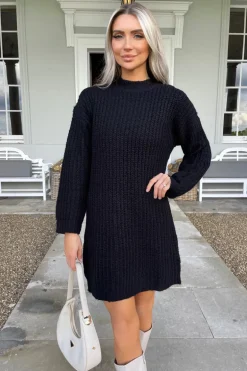 Black High Neck Knitted Jumper Dress