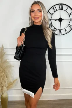 Black High Neck Long Sleeve Tassel Hem Dress