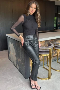 Black High Neck Long Sleeve Ruched Mesh Bodysuit