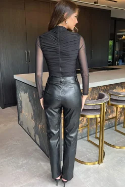 Black High Neck Long Sleeve Ruched Mesh Bodysuit