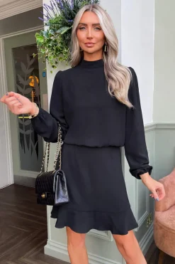 Black High Neck Long Sleeve Mini Dress