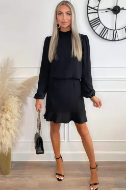 Black High Neck Long Sleeve Mini Dress