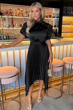 Black High Neck Puff Sleeve Zig Zag Hem Pleated Midi Dress