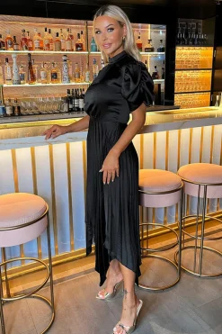 Black High Neck Puff Sleeve Zig Zag Hem Pleated Midi Dress