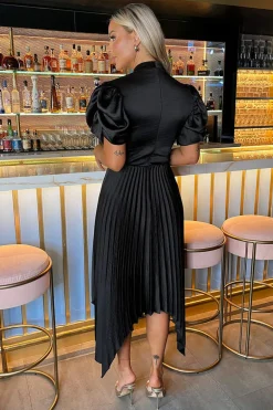 Black High Neck Puff Sleeve Zig Zag Hem Pleated Midi Dress