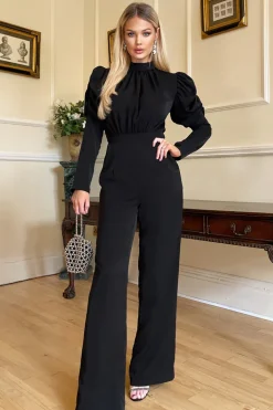 Black High Neck Puff Sleeve Jumpsuit