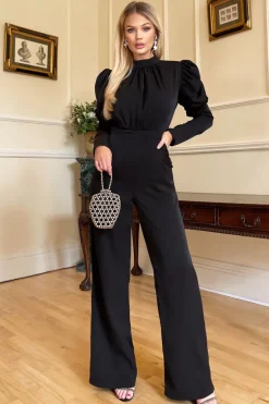 Black High Neck Puff Sleeve Jumpsuit