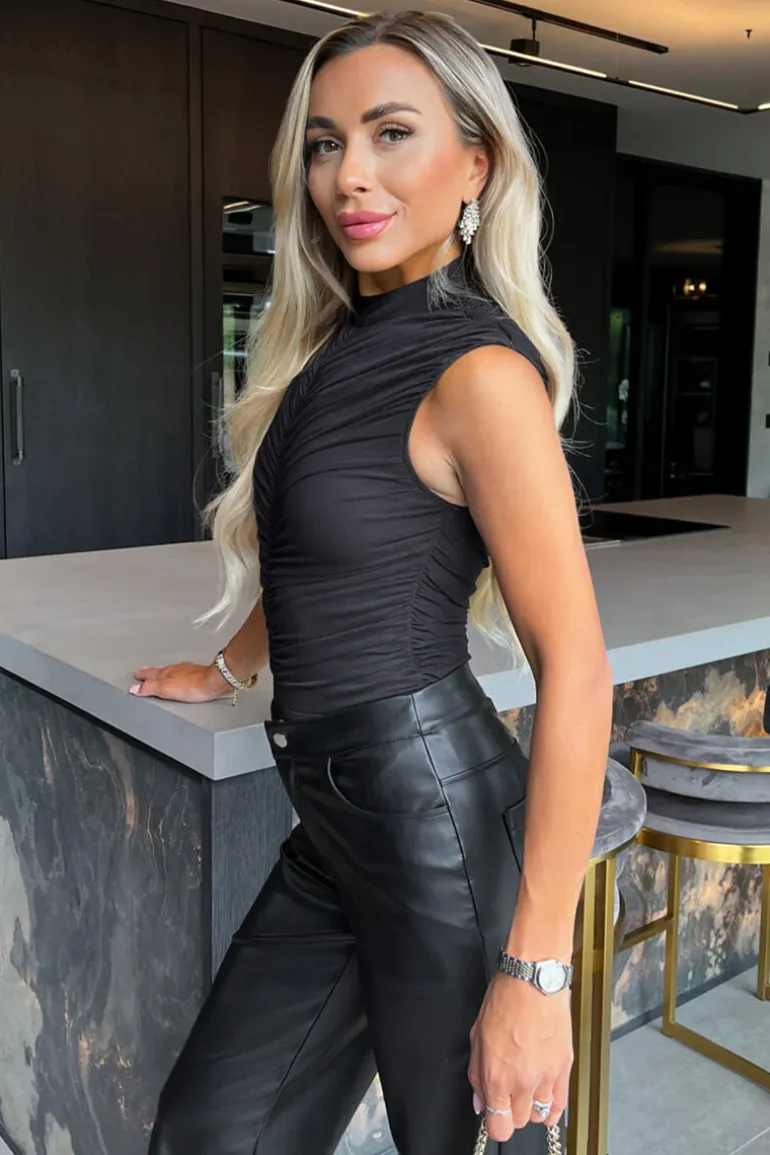 Black High Neck Sleeveless Ruched Mesh Bodysuit