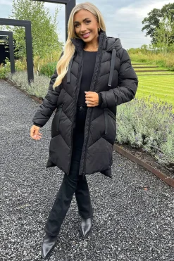 Black Hooded  Long Line Puffer Coat