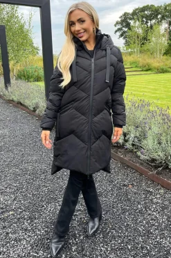 Black Hooded  Long Line Puffer Coat