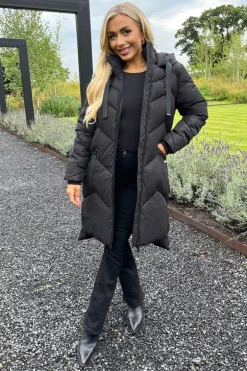 Black Hooded  Long Line Puffer Coat