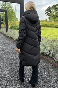 Black Hooded  Long Line Puffer Coat