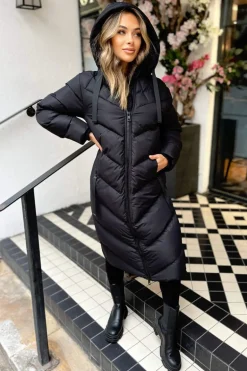 Black Hooded Puffer Coat with Zip Front Pockets