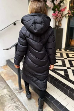 Black Hooded Puffer Coat with Zip Front Pockets