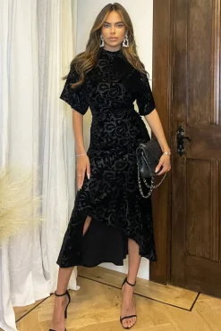 Black Jacquard Velvet Asymmetrical Hem High Neck Midi Dress