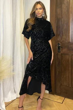 Black Jacquard Velvet Asymmetrical Hem High Neck Midi Dress