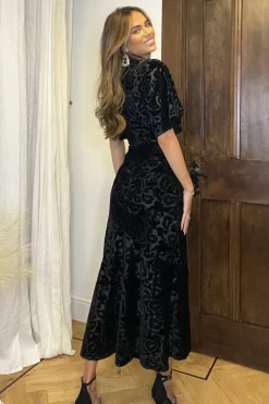 Black Jacquard Velvet Asymmetrical Hem High Neck Midi Dress