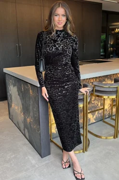 Black Jacquard Velvet Long Sleeve Gathered Side Midi Dress