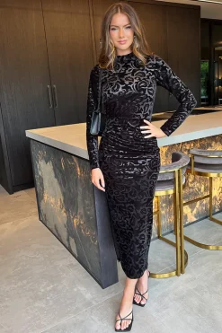 Black Jacquard Velvet Long Sleeve Gathered Side Midi Dress