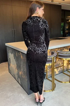 Black Jacquard Velvet Long Sleeve Gathered Side Midi Dress