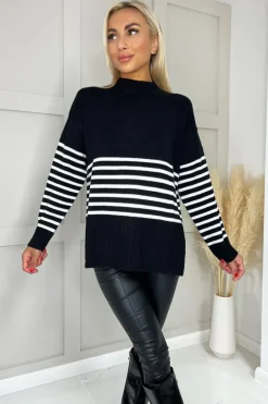 Black Knit Jumper With Cream Stripes