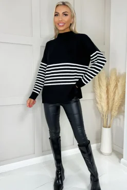 Black Knit Jumper With Cream Stripes