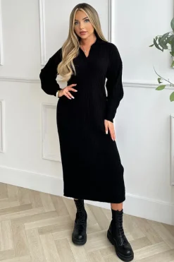 Black Knit Long Sleeve Collared Midi Dress