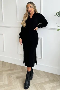 Black Knit Long Sleeve Collared Midi Dress