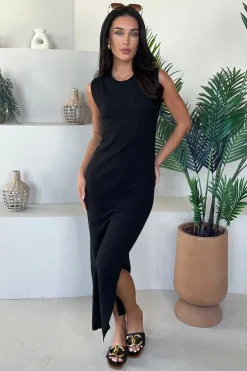 Black Knitted Side Split Hem Midi Dress