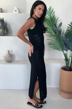 Black Knitted Side Split Hem Midi Dress
