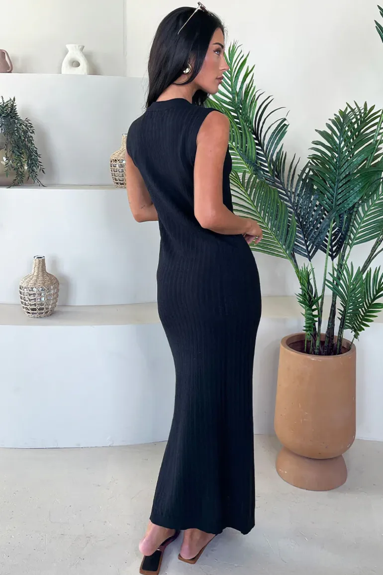 Black Knitted Side Split Hem Midi Dress