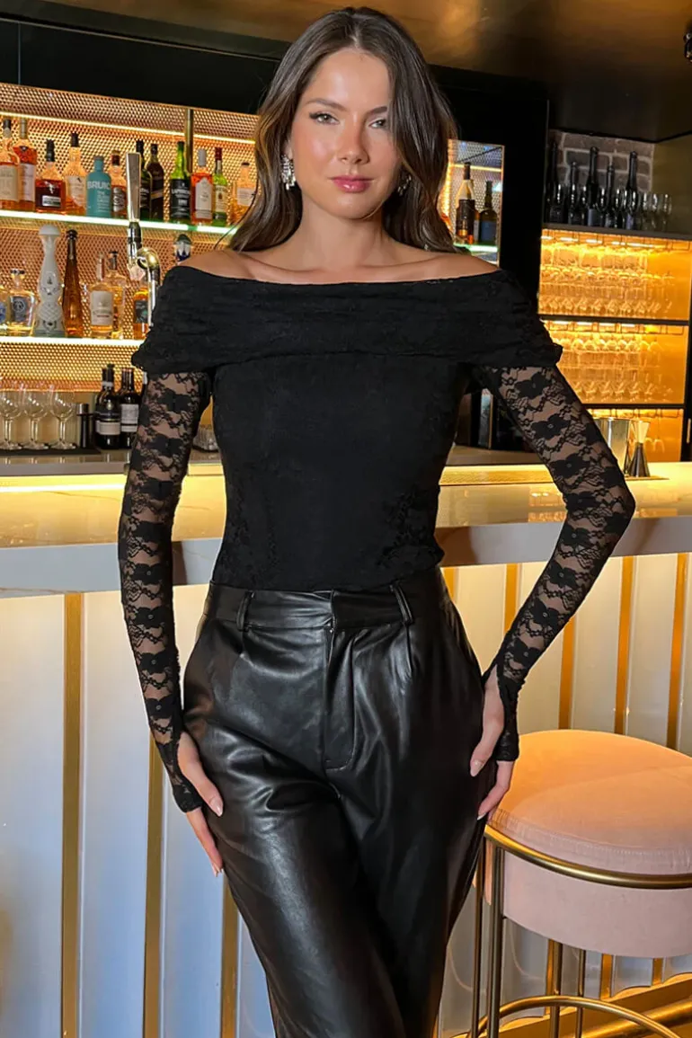 Black Lace Bardot Fold Over Top Long Sleeve Bodysuit