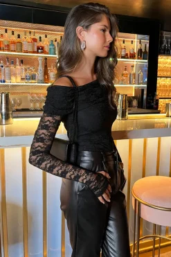 Black Lace Bardot Fold Over Top Long Sleeve Bodysuit