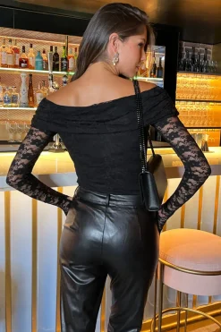 Black Lace Bardot Fold Over Top Long Sleeve Bodysuit