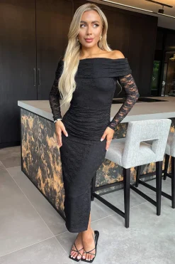 Black Lace Bardot Long Sleeve Ruched Bodycon Midi Dress