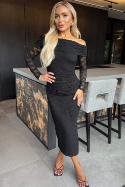 Black Lace Bardot Long Sleeve Ruched Bodycon Midi Dress