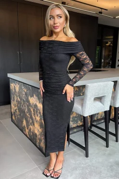 Black Lace Bardot Long Sleeve Ruched Bodycon Midi Dress