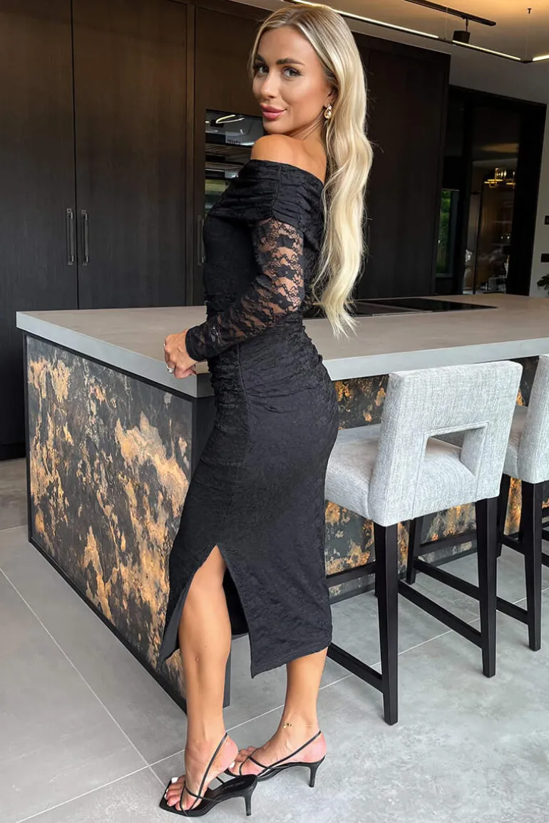Black Lace Bardot Long Sleeve Ruched Bodycon Midi Dress