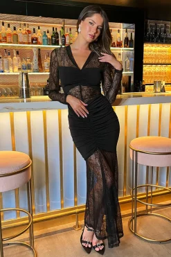Black Lace Contrast Ruched Front Bodycon Midi Dress