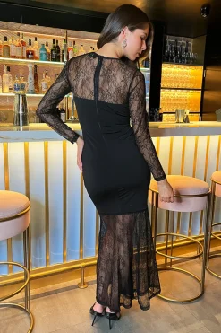 Black Lace Contrast Ruched Front Bodycon Midi Dress